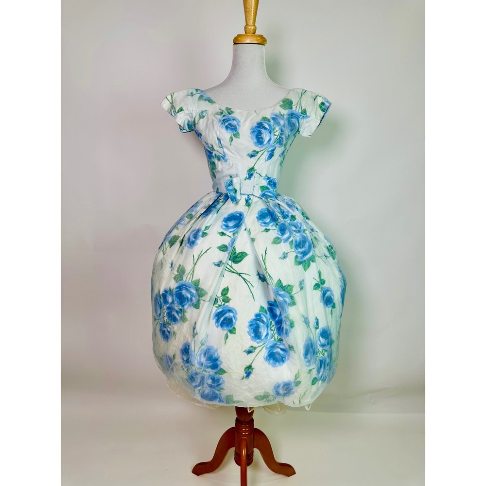 Vintage 1950s Blue Rose Floral Dress XXS Fit and Flare Bubble Skirt Mid-Century